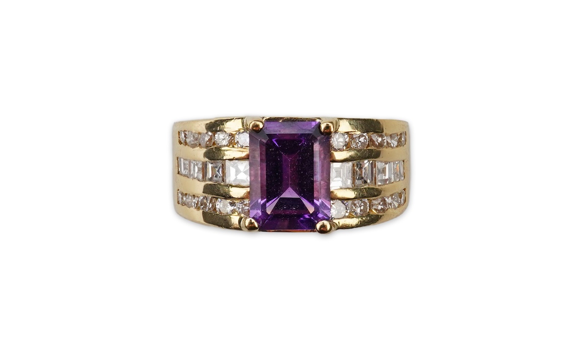 An amethyst and diamond ring